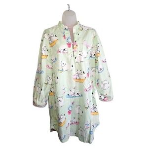 Nick & Nora Mint Green Kitten Cat Print Long Sleeve Soft Flannel Nightgown Sz L
